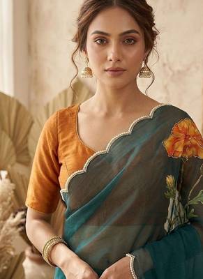 Teal Color digital prints flower and hand cutdana work Silk Blend Saree 2