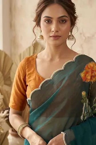 Teal Color digital prints flower and hand cutdana work Silk Blend Saree
