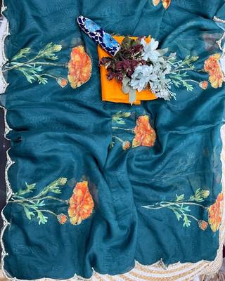 Teal Color digital prints flower and hand cutdana work Silk Blend Saree 3