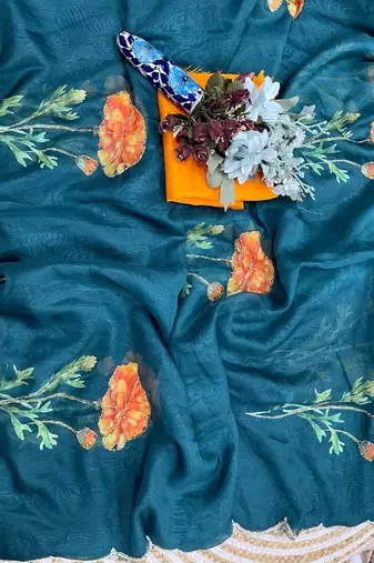 Teal Color digital prints flower and hand cutdana work Silk Blend Saree