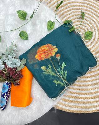 Teal Color digital prints flower and hand cutdana work Silk Blend Saree 4