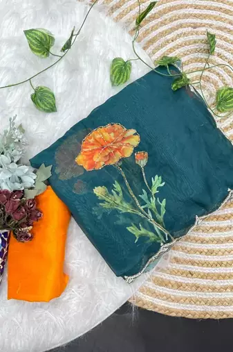 Teal Color digital prints flower and hand cutdana work Silk Blend Saree