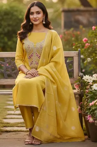Yellow color beautiful kasha simmer jacquard trending and stylish partywear suit for girls