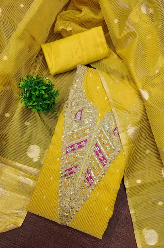 Yellow color beautiful kasha simmer jacquard trending and stylish partywear suit for girls