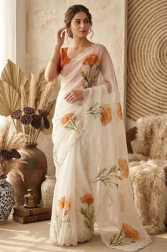 White Color digital prints flower and hand cutdana work Silk Blend Saree