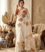 White Color digital prints flower and hand cutdana work Silk Blend Saree
