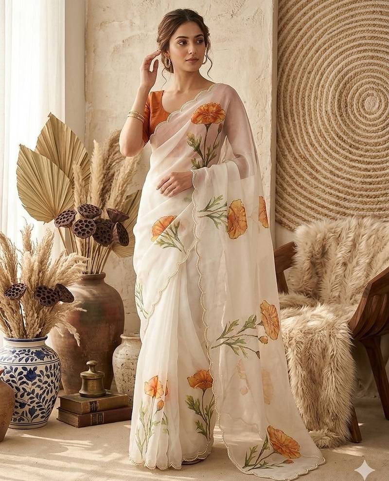 White Color digital prints flower and hand cutdana work Silk Blend Saree