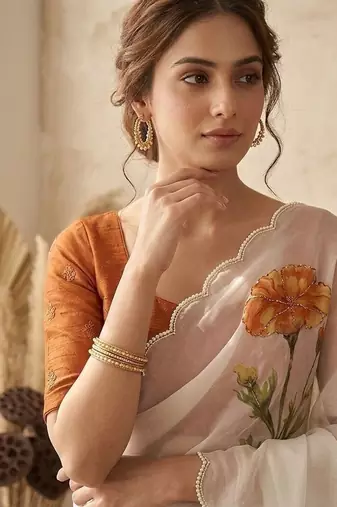 White Color digital prints flower and hand cutdana work Silk Blend Saree