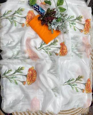 White Color digital prints flower and hand cutdana work Silk Blend Saree 3