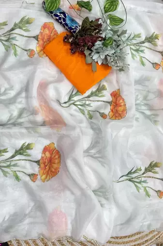 White Color digital prints flower and hand cutdana work Silk Blend Saree