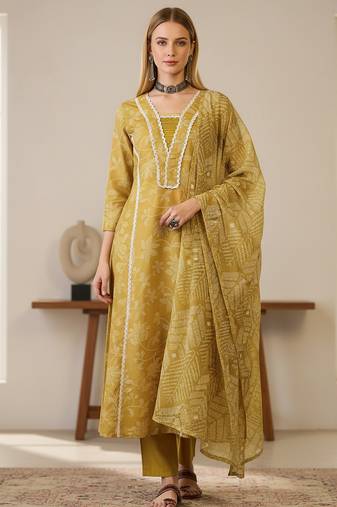 Women's yellow rayon printed straight kurta set with dupatta