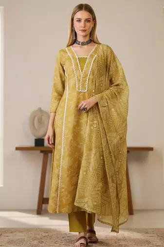 Women's yellow rayon printed straight kurta set with dupatta