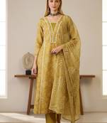 Women's yellow rayon printed straight kurta set with dupatta