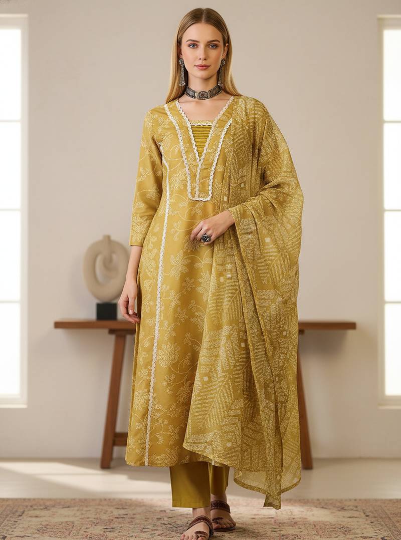 Women's yellow rayon printed straight kurta set with dupatta