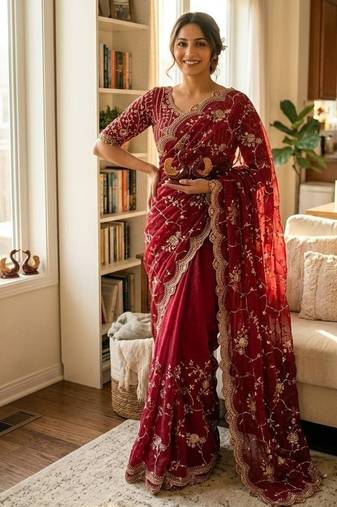 red sequin embroidery in mono banglori chiffon saree
