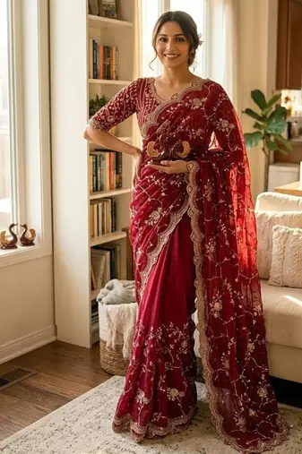 red sequin embroidery in mono banglori chiffon saree