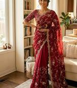 red sequin embroidery in mono banglori chiffon saree