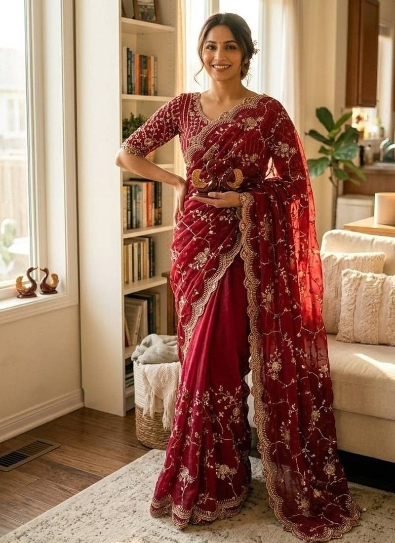 red sequin embroidery in mono banglori chiffon saree