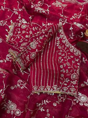 red sequin embroidery in mono banglori chiffon saree 2