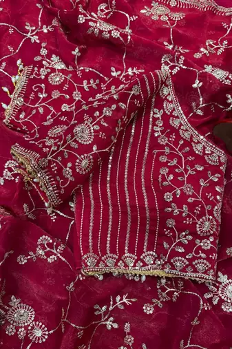 red sequin embroidery in mono banglori chiffon saree