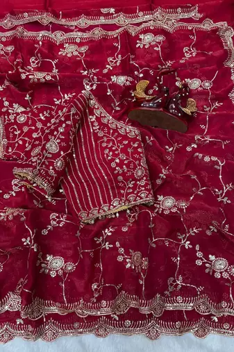 red sequin embroidery in mono banglori chiffon saree
