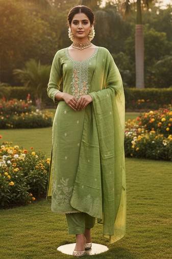 Green color graceful partywear ethnic dani cotton fabric suit for girls
