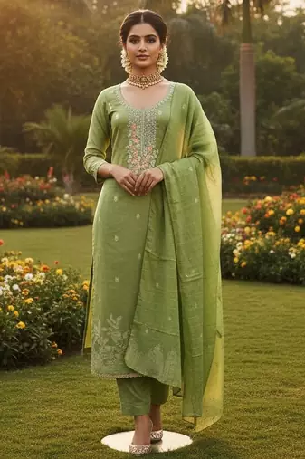 Green color graceful partywear ethnic dani cotton fabric suit for girls