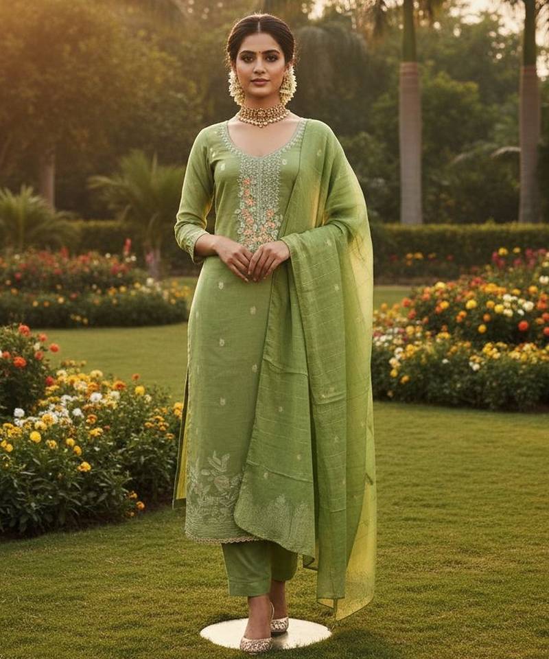 Green color graceful partywear ethnic dani cotton fabric suit for girls