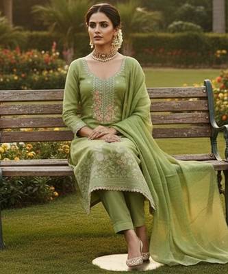 Green color graceful partywear ethnic dani cotton fabric suit for girls 2