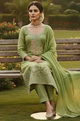 Green color graceful partywear ethnic dani cotton fabric suit for girls