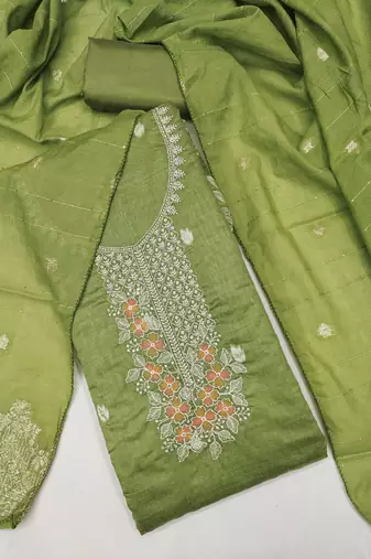 Green color graceful partywear ethnic dani cotton fabric suit for girls