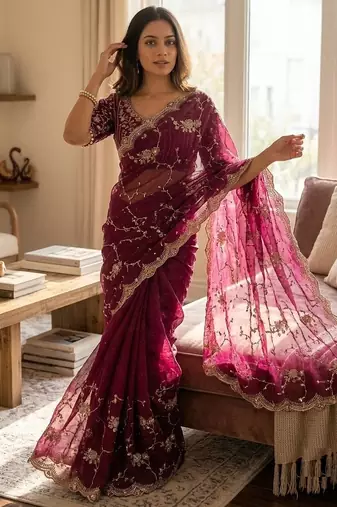 purple sequin embroidery in mono banglori chiffon saree