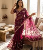 purple sequin embroidery in mono banglori chiffon saree
