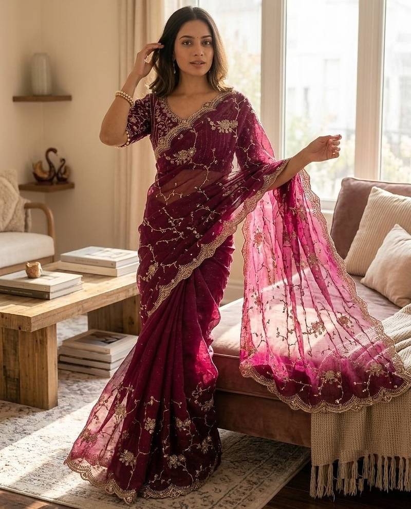purple sequin embroidery in mono banglori chiffon saree
