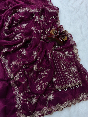 purple sequin embroidery in mono banglori chiffon saree 2