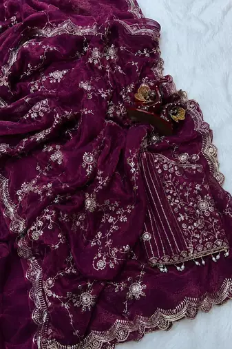 purple sequin embroidery in mono banglori chiffon saree