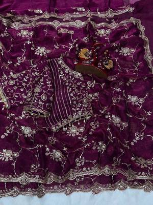 purple sequin embroidery in mono banglori chiffon saree 3