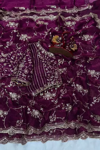 purple sequin embroidery in mono banglori chiffon saree