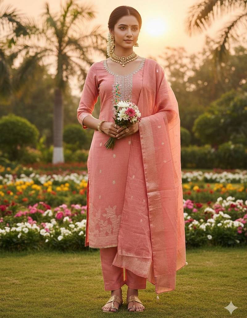 Pink color graceful partywear ethnic dani cotton fabric suit for girls