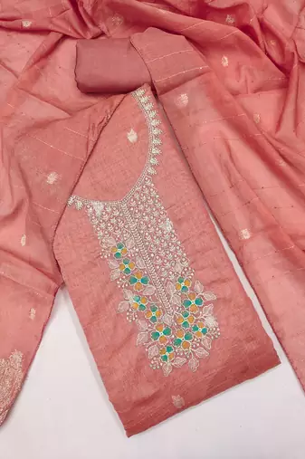 Pink color graceful partywear ethnic dani cotton fabric suit for girls