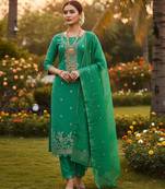 Sea green color graceful partywear ethnic dani cotton fabric suit for girls