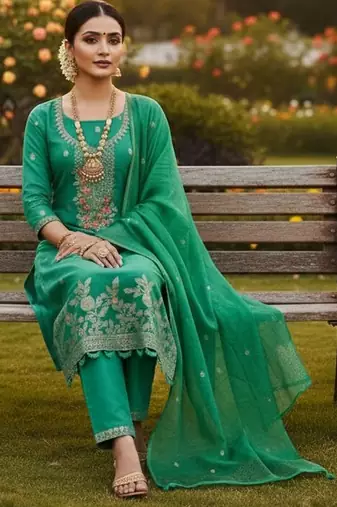 Sea green color graceful partywear ethnic dani cotton fabric suit for girls