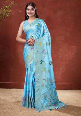 Sky Blue Satin silk blend Saree with Gold Zari Meena Peacock Work  1