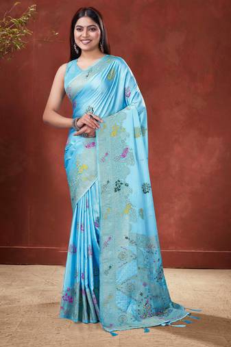 Sky Blue Satin silk blend Saree with Gold Zari Meena Peacock Work 