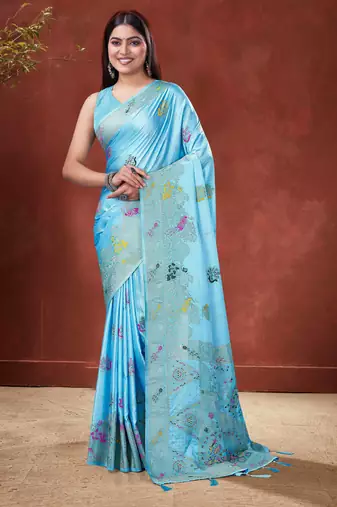 Sky Blue Satin silk blend Saree with Gold Zari Meena Peacock Work 
