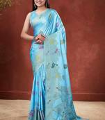 Sky Blue Satin silk blend Saree with Gold Zari Meena Peacock Work 