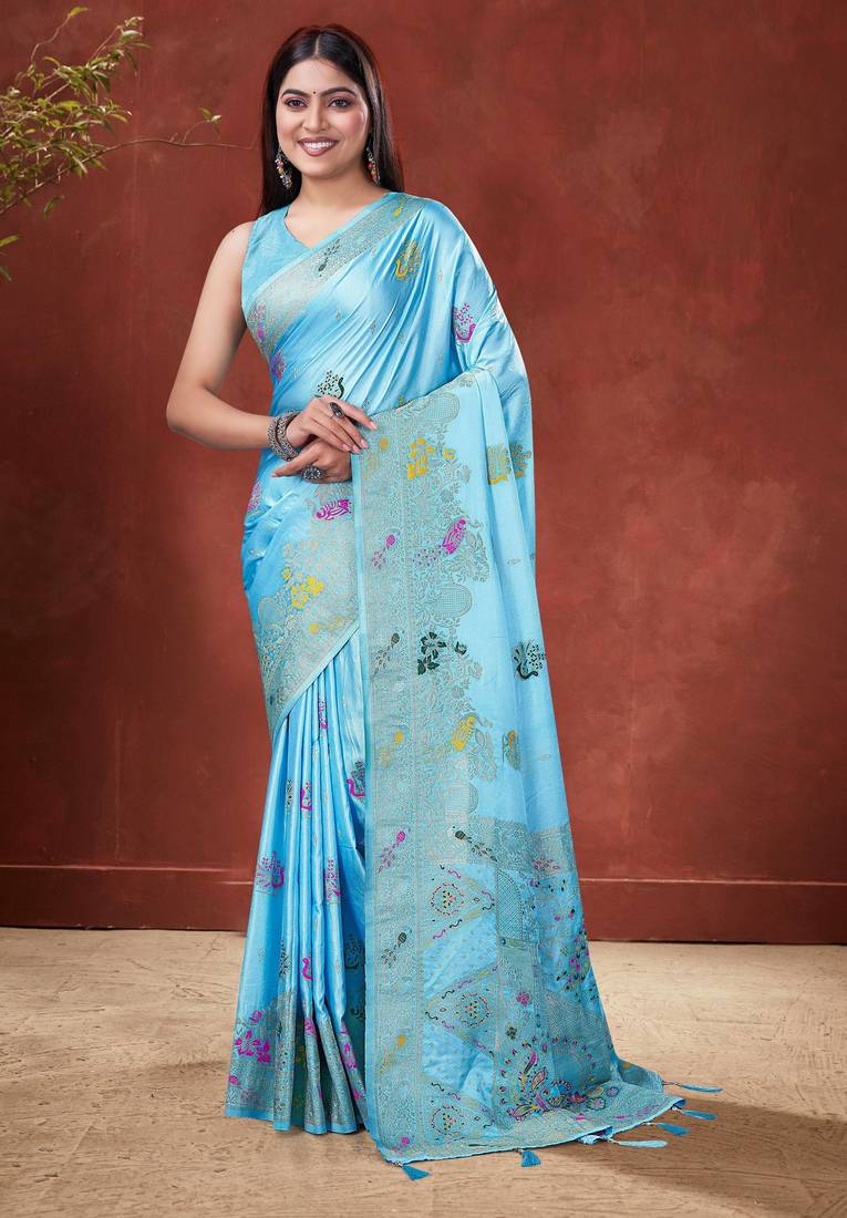Sky Blue Satin silk blend Saree with Gold Zari Meena Peacock Work 