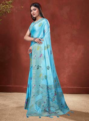 Sky Blue Satin silk blend Saree with Gold Zari Meena Peacock Work  2
