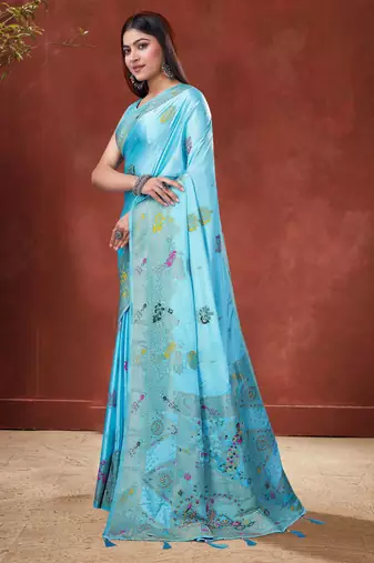 Sky Blue Satin silk blend Saree with Gold Zari Meena Peacock Work 