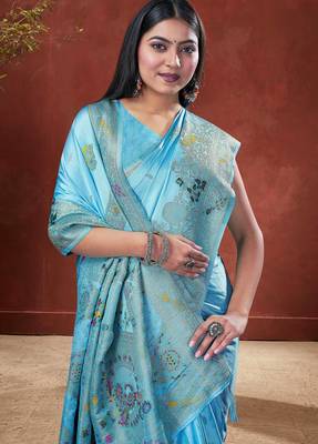 Sky Blue Satin silk blend Saree with Gold Zari Meena Peacock Work  4